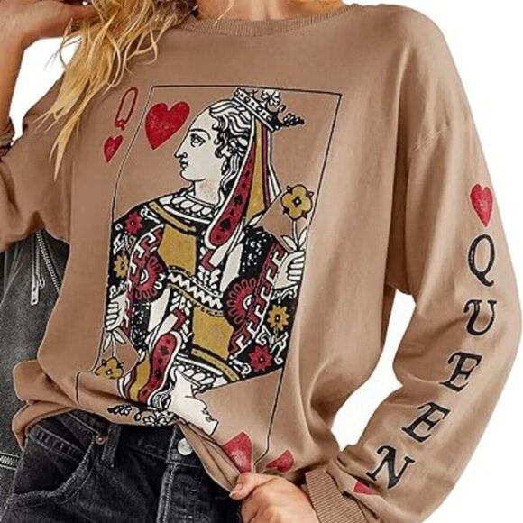 Queen of Hearts Playing Card Graphic Round Neck Sweatshirt - Picture 7 of 9